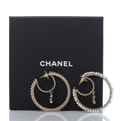 Chanel Crystal Pearl CC Drop Hoop Earrings Gold Pearly White 5 of 5