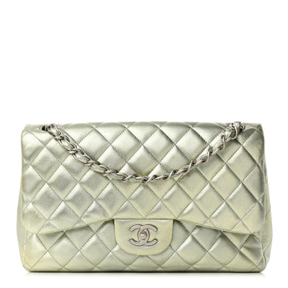 Chanel Metallic Lambskin Quilted Jumbo Double Flap Green 1 of 14