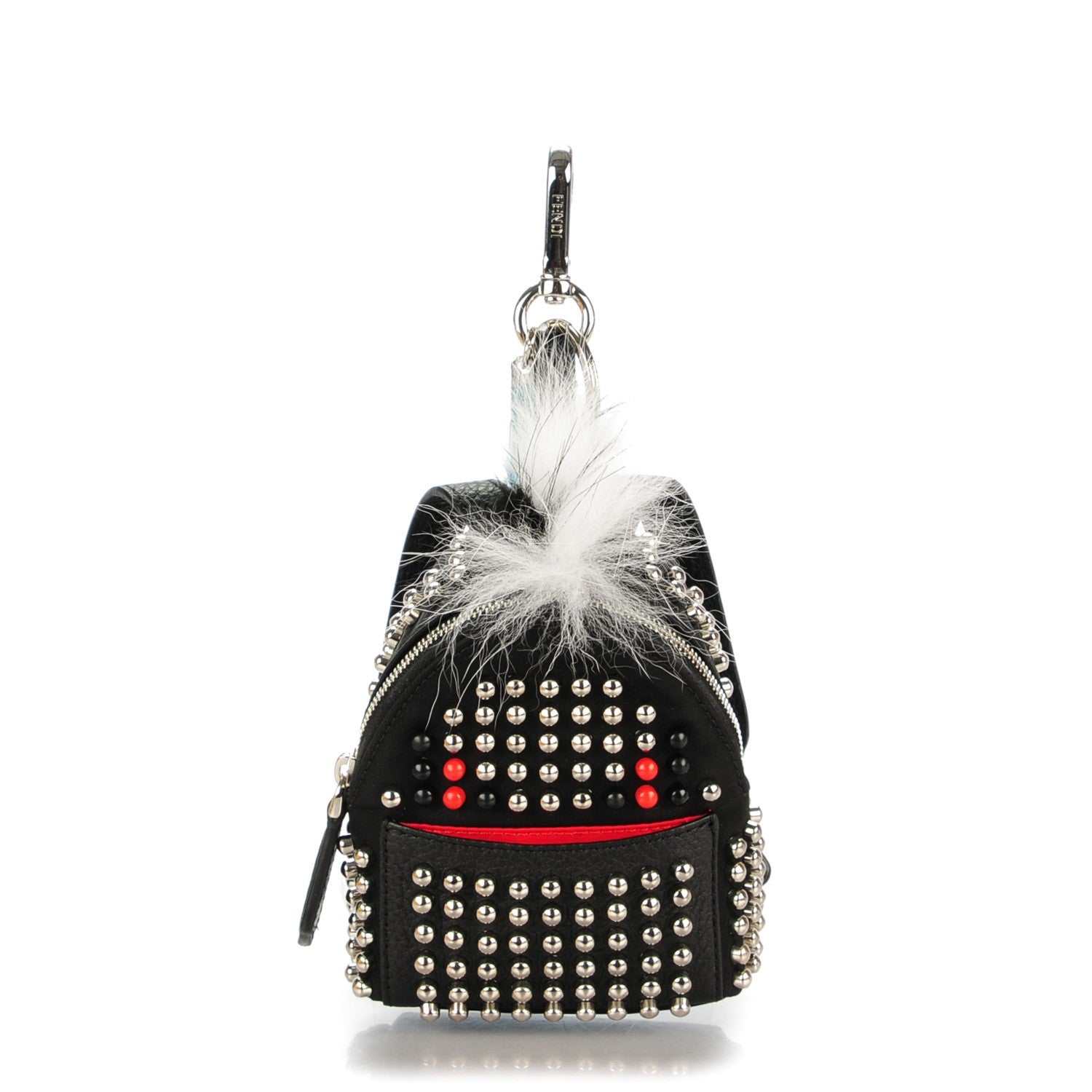 Fendi Nylon Nutria Fox Fur Studded Monster Eyes Mini Backpack Charm Argento Black Red 1 of 6