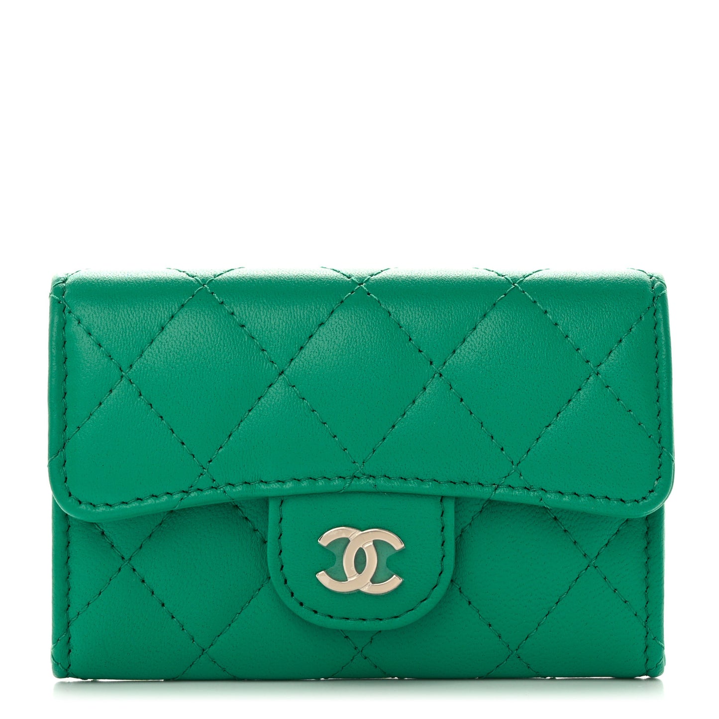 Lambskin Quilted Flap Card Holder Wallet Green