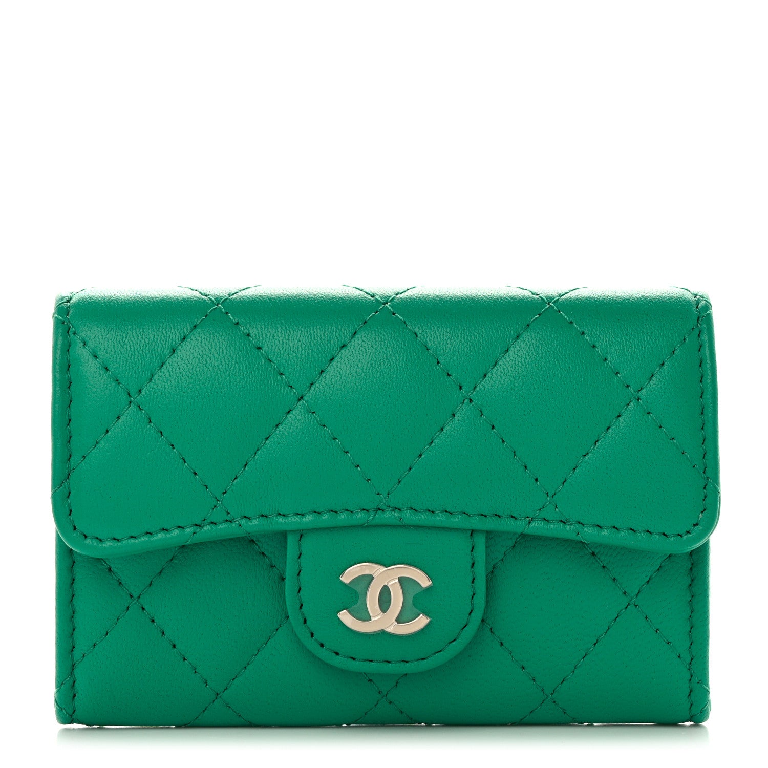Chanel Lambskin Quilted Flap Card Holder Wallet Green 1 of 10