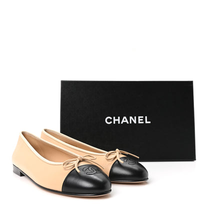 Chanel Lambskin Cap Toe CC Ballerina Flats 39.5 Beige Black 10 of 10