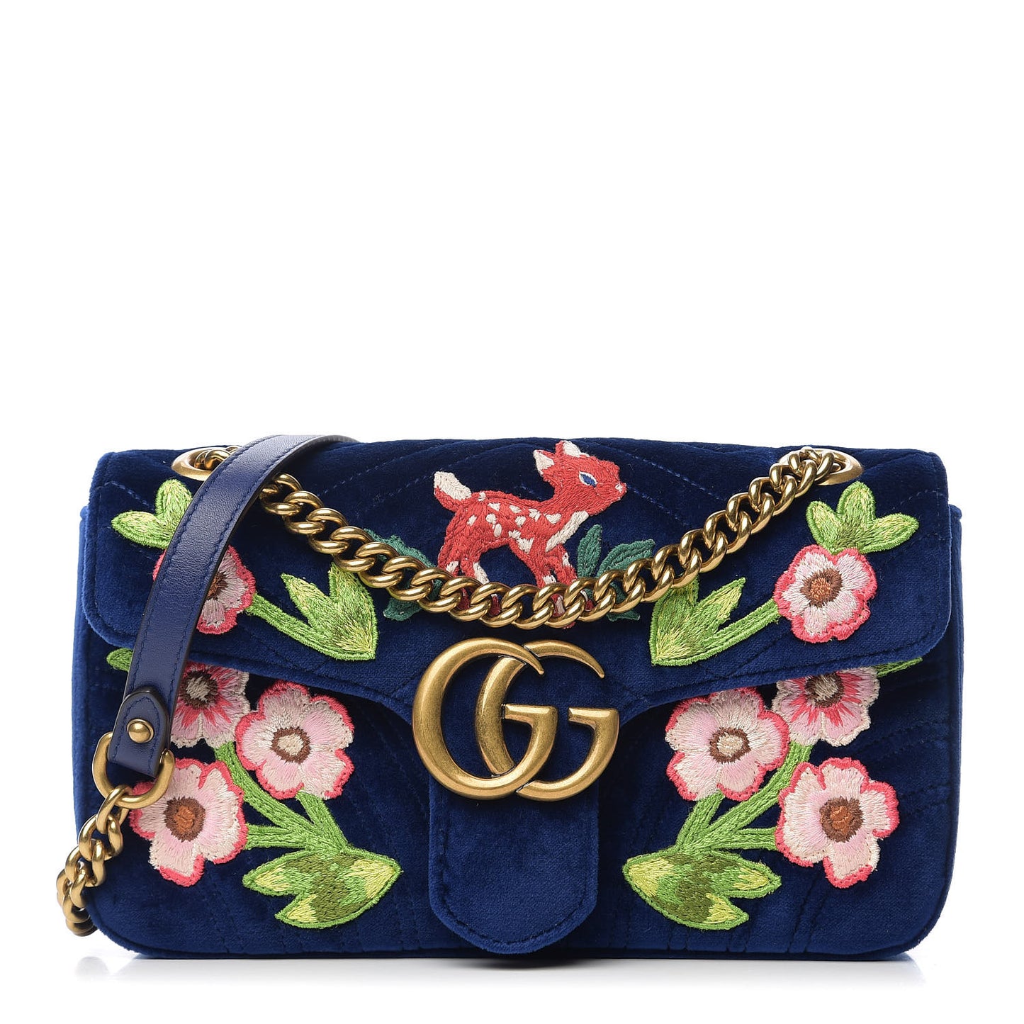 Velvet Matelasse Deer Embroidered Small GG Marmont Shoulder Bag Cobalt