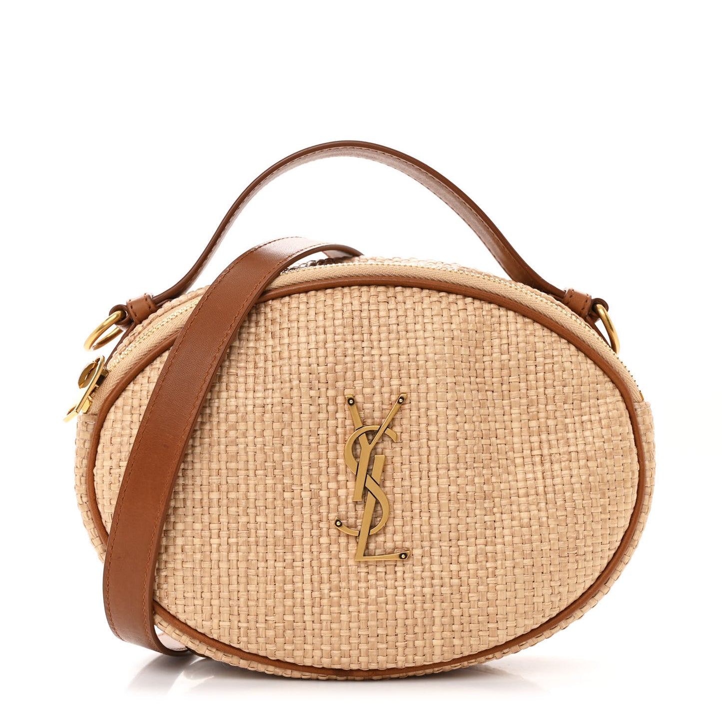 Raffia Calfskin Round Camera Bag Golden Ecru Brick