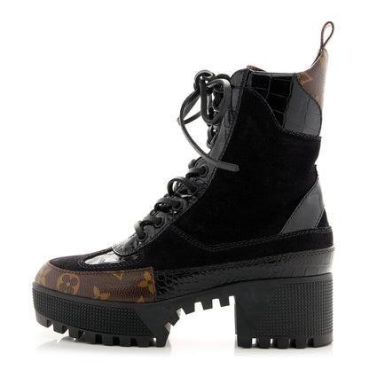 Louis Vuitton Suede Calfskin Crocodile Embossed Patent Monogram Laureate Platform Desert Boots 35 Black 1 of 10