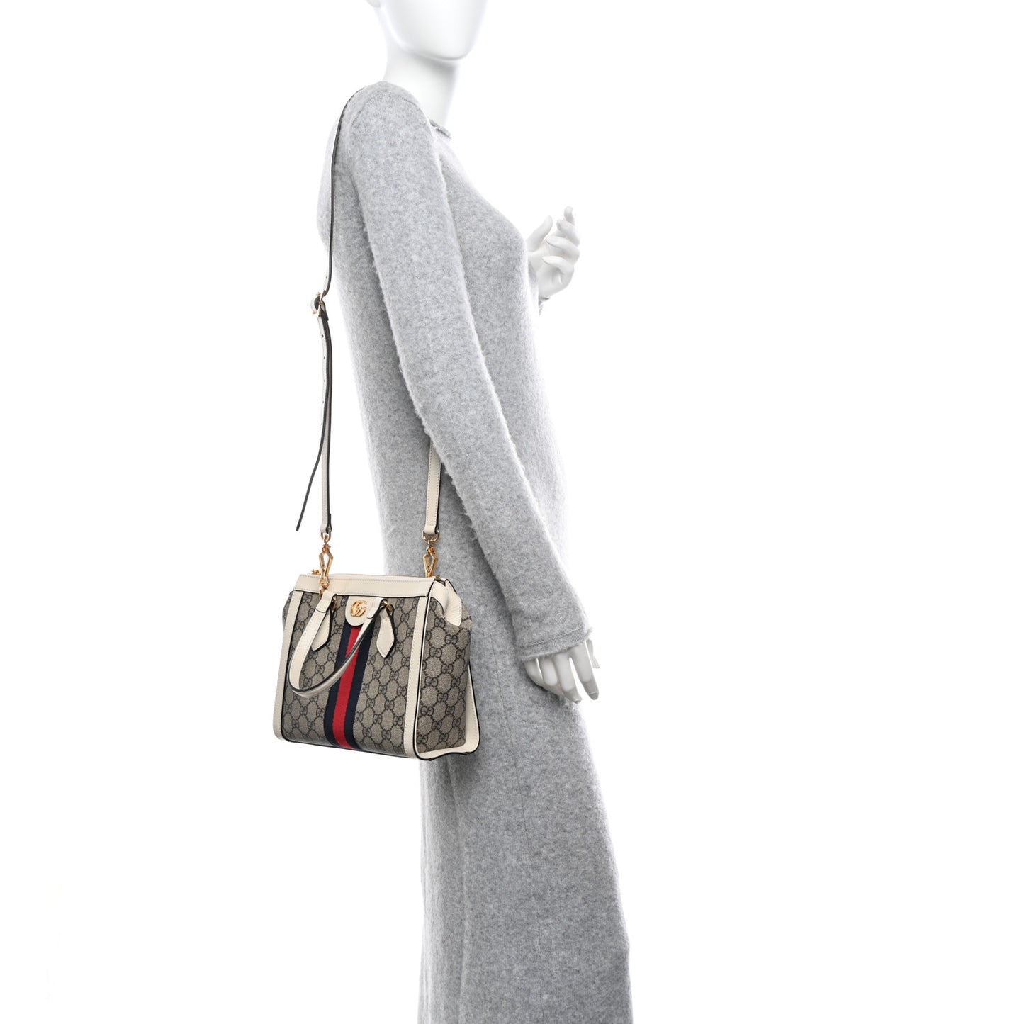 GG Supreme Monogram Textured Dollar Calfskin Web Small Ophidia Tote Bag Beige Ebony Mystic White