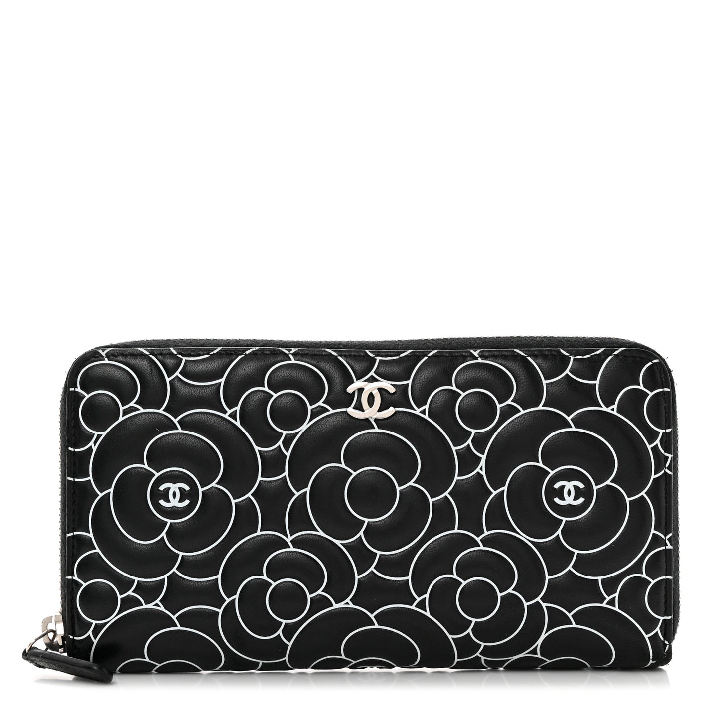 Lambskin Camellia Embossed Large Zip Around Gusset Wallet Black White
