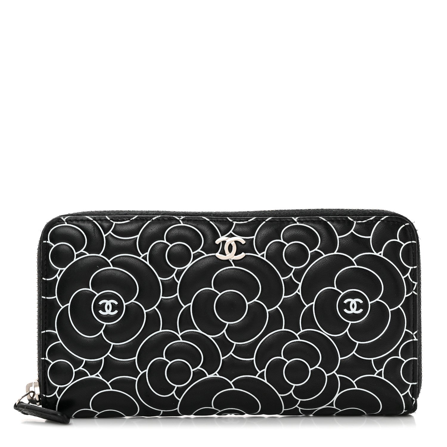 Chanel Lambskin Camellia Embossed Large Zip Around Gusset Wallet Black White 1 of 11