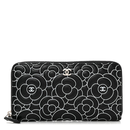 Chanel Lambskin Camellia Embossed Large Zip Around Gusset Wallet Black White 1 of 11