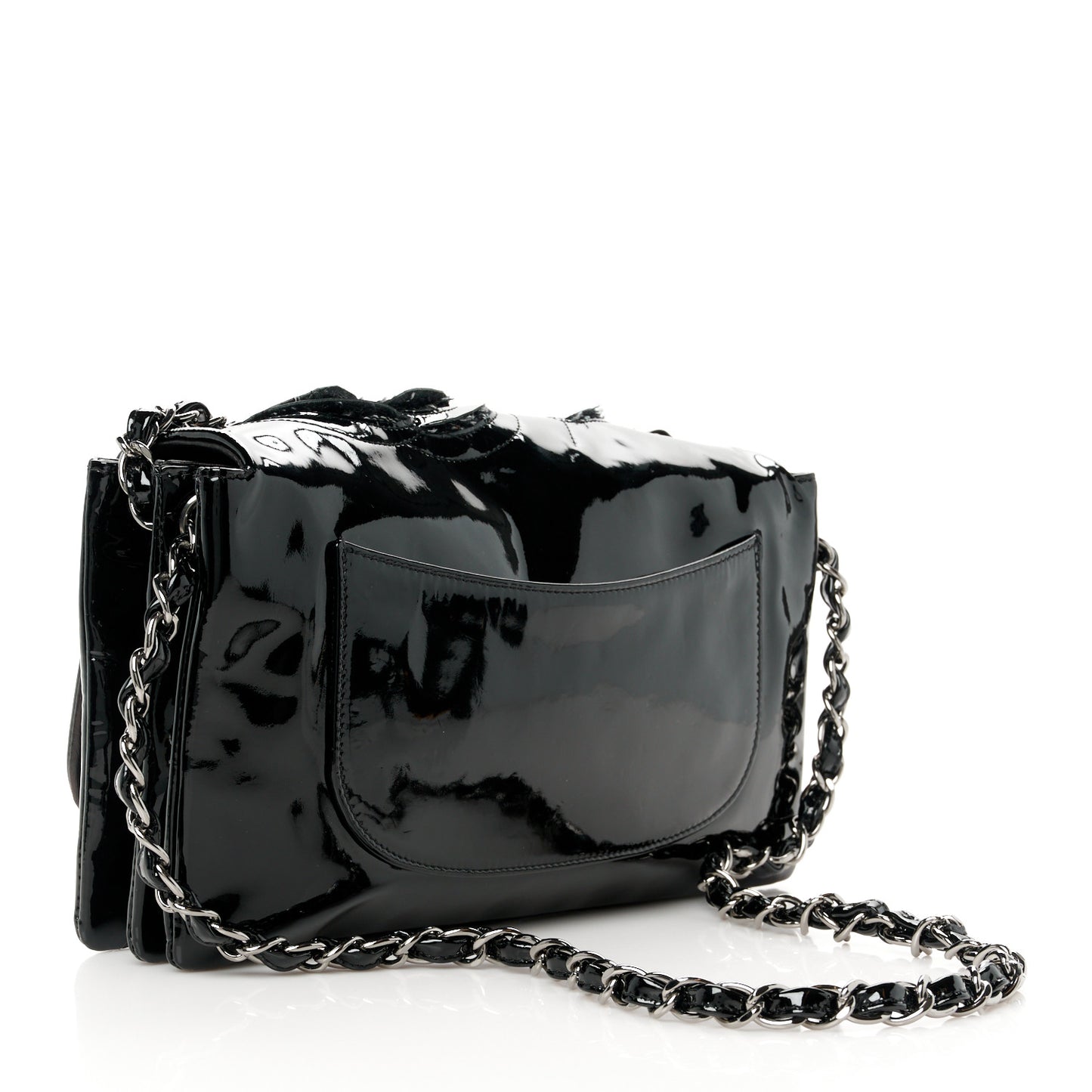 Patent Tweed Camellia Petals Large Flap Black