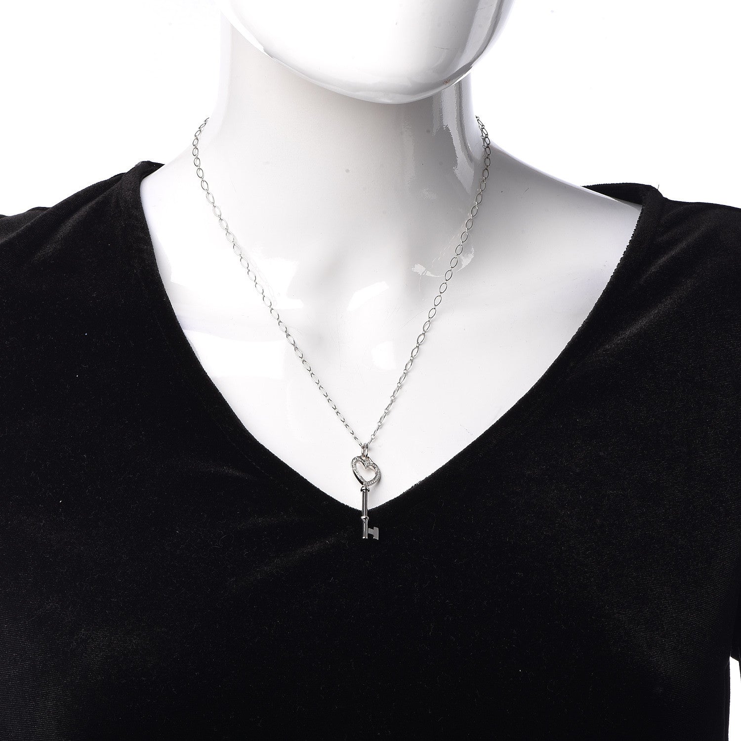 Tiffany 18K White Gold Diamond Mini Heart Key Charm Pendant Link Necklace 2 of 7