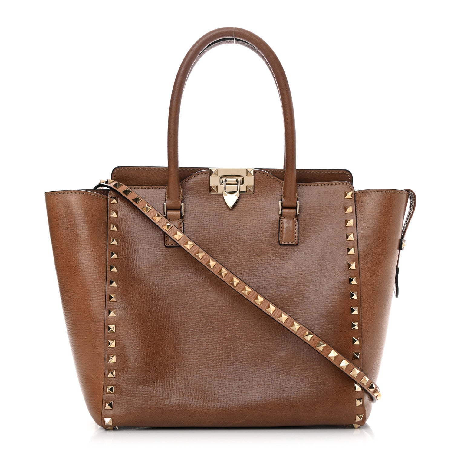 Valentino Garavani Textured Calfskin Rockstud Double Handle Tote Tan 1 of 17