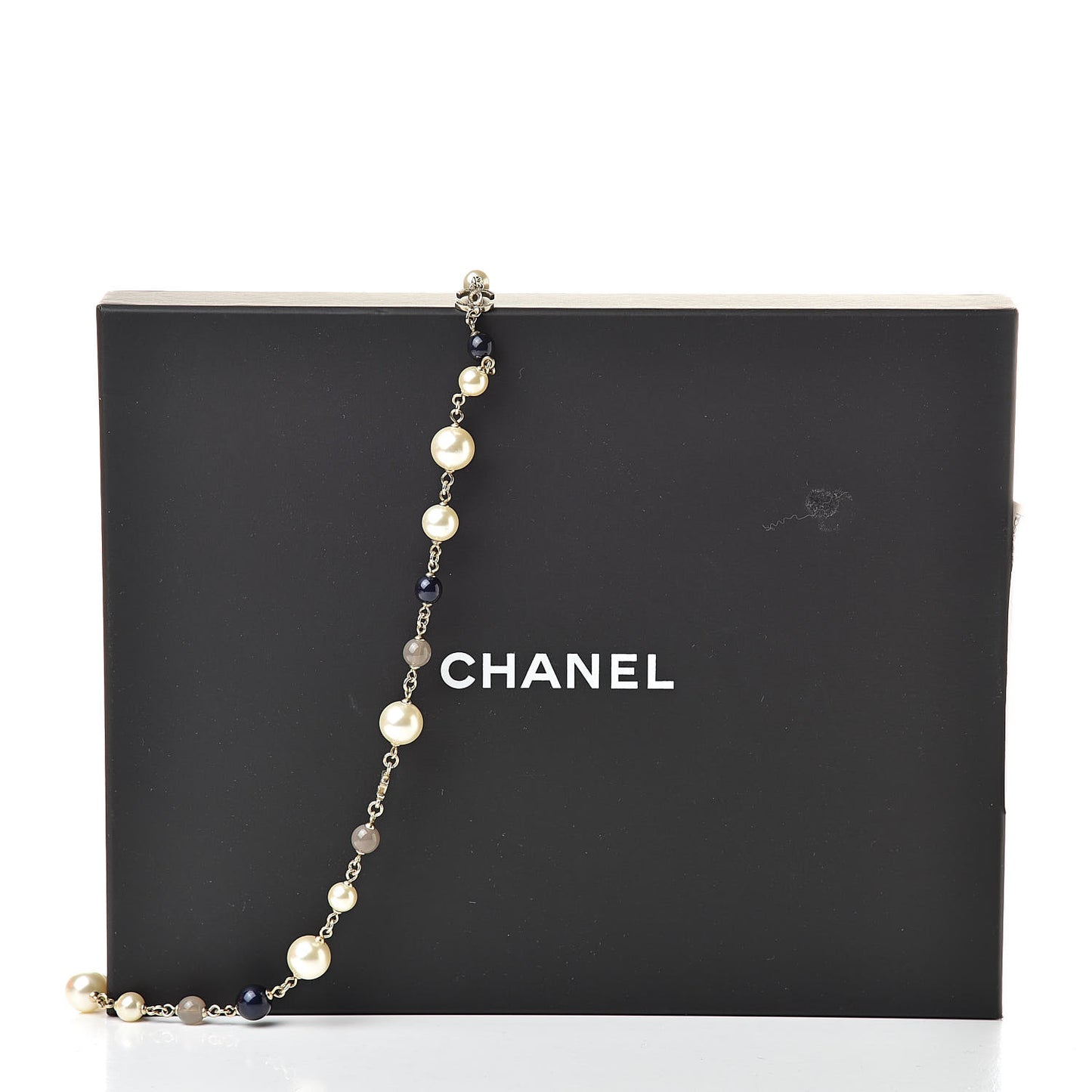 Baroque Pearl Bead Enamel CC Long Necklace Navy Gold