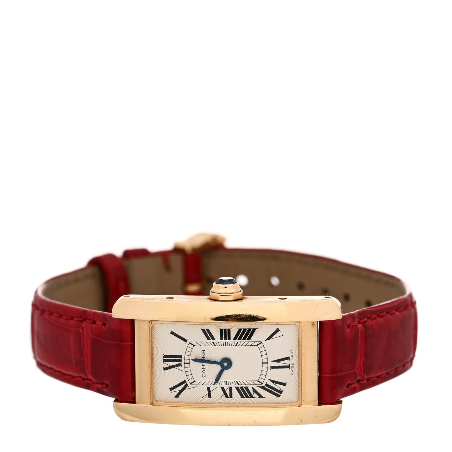 18K Yellow Gold Alligator 19mm Tank Americaine Quartz Watch Red