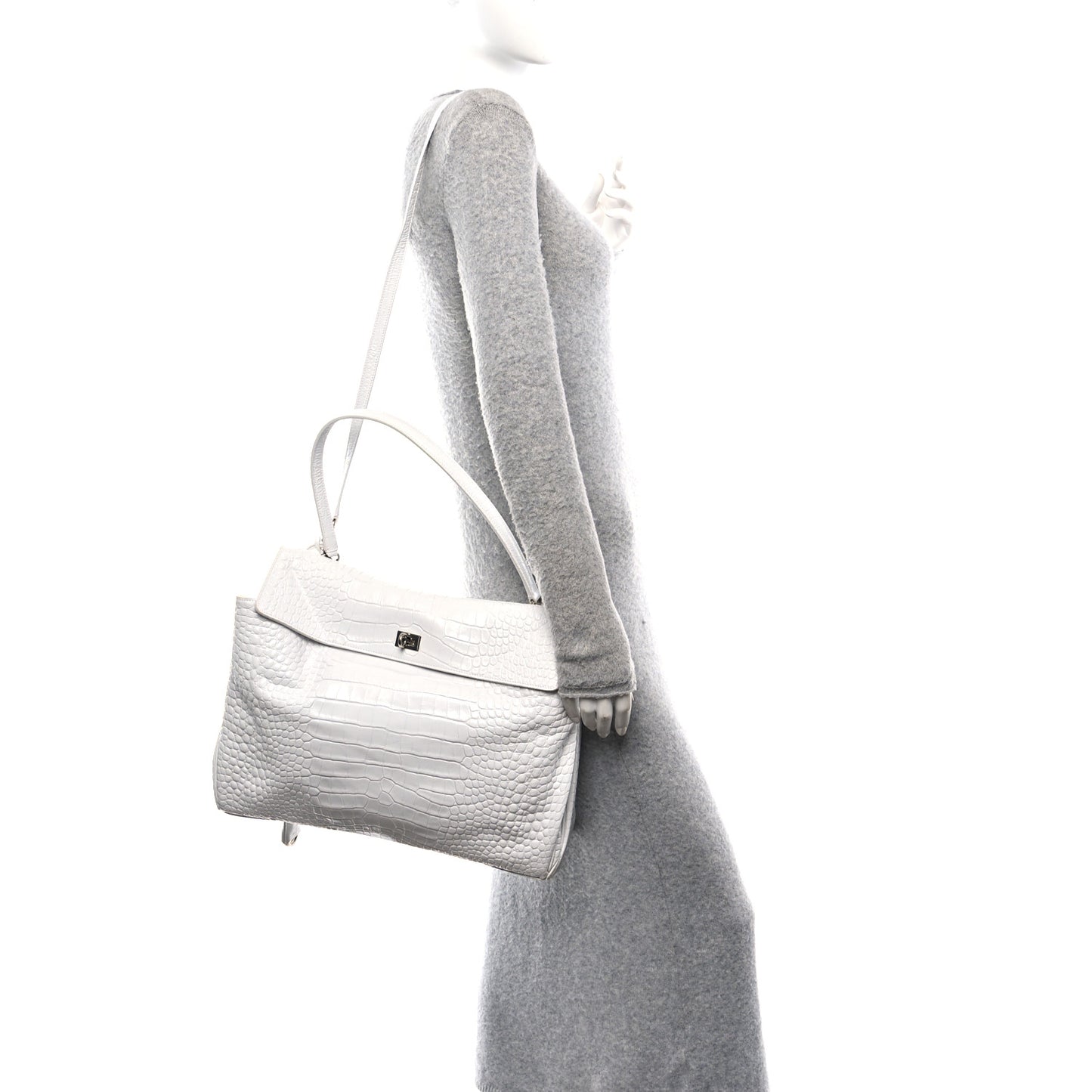 Shiny Calfskin Crocodile Embossed Large Rodeo Top Handle Handbag White