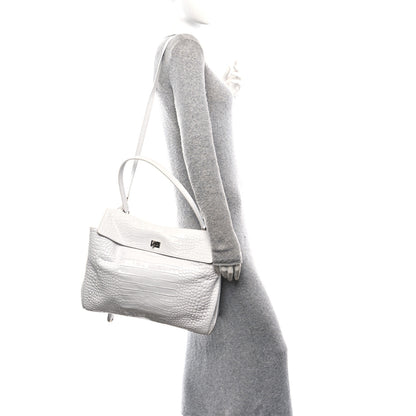 Balenciaga Shiny Calfskin Crocodile Embossed Large Rodeo Top Handle Handbag White 3 of 10