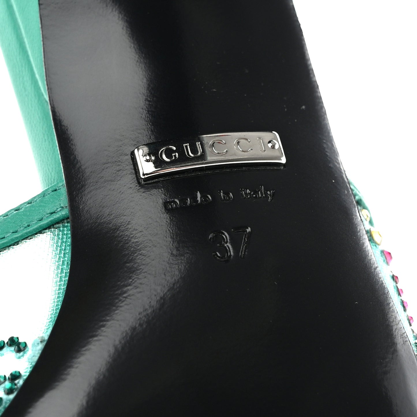 Tela Retino Nappa Crystal GG Monogram Square G 95mm Slide Sandals 37 Turquoise