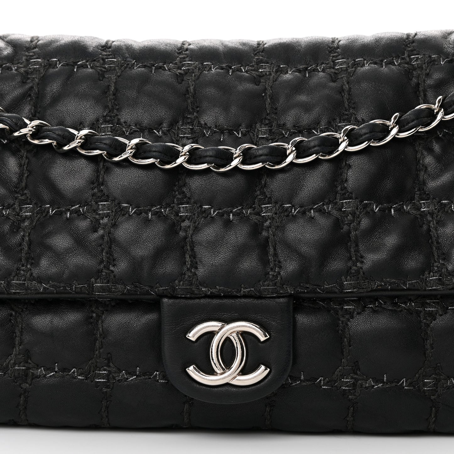 Lambskin Tweed Double Stitch Maxi Flap Black