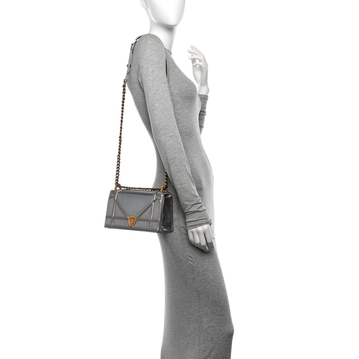 Metallic Patent Studded Small Diorama Flap Bag Silver