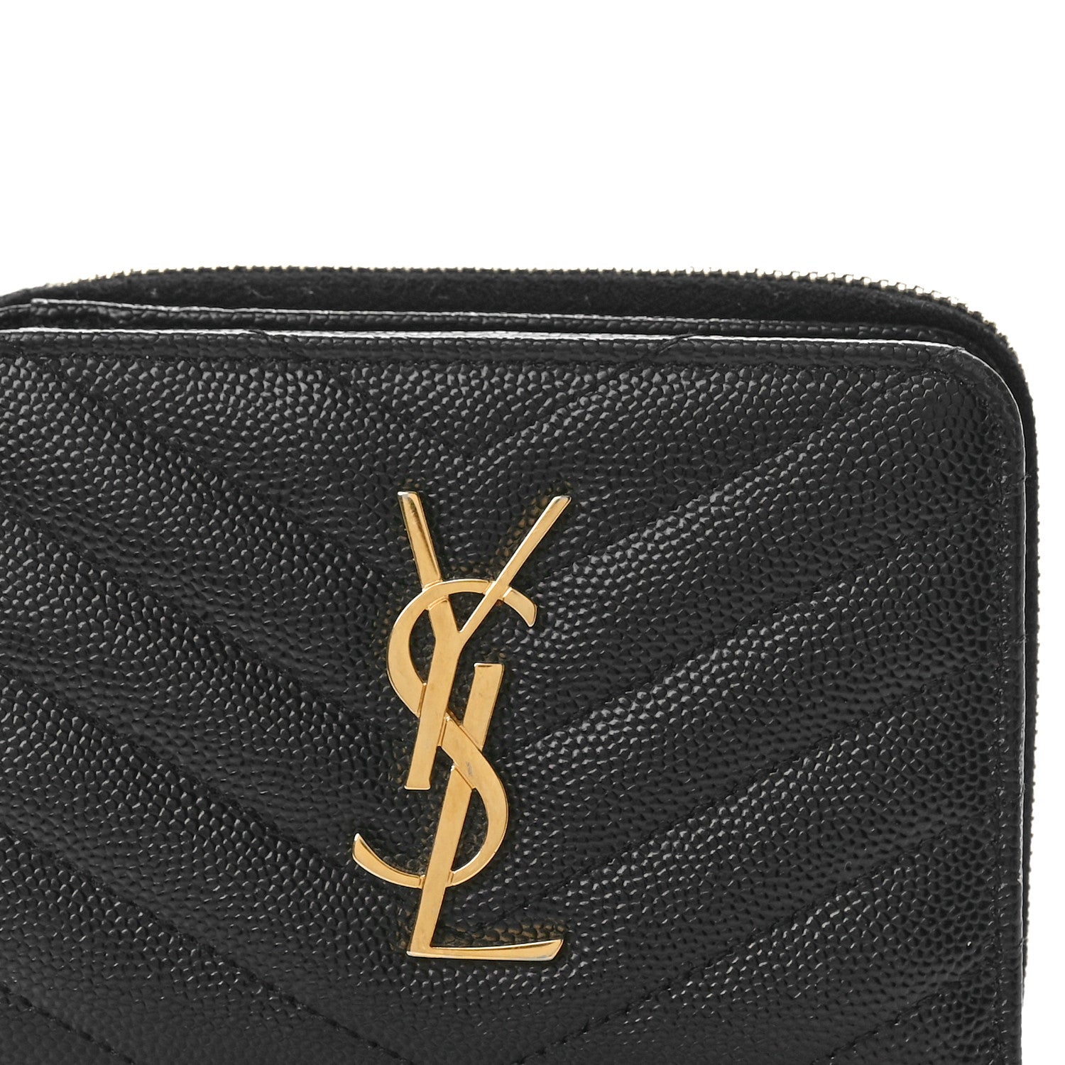 Saint Laurent Grain De Poudre Matelasse Chevron Monogram Compact Zip Around Wallet Black 7 of 8