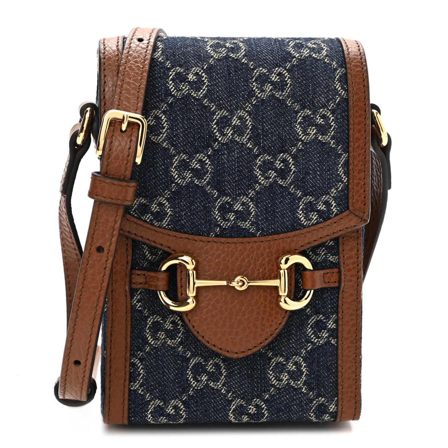 New Denim GG Monogram Dollar Calfskin Mini Horsebit 1955 Crossbody Bag Blue Tea Cuir Epilog