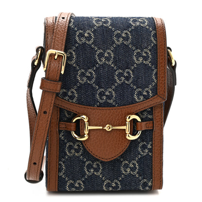 Gucci New Denim GG Monogram Dollar Calfskin Mini Horsebit 1955 Crossbody Bag Blue Tea Cuir Epilog 1 of 10