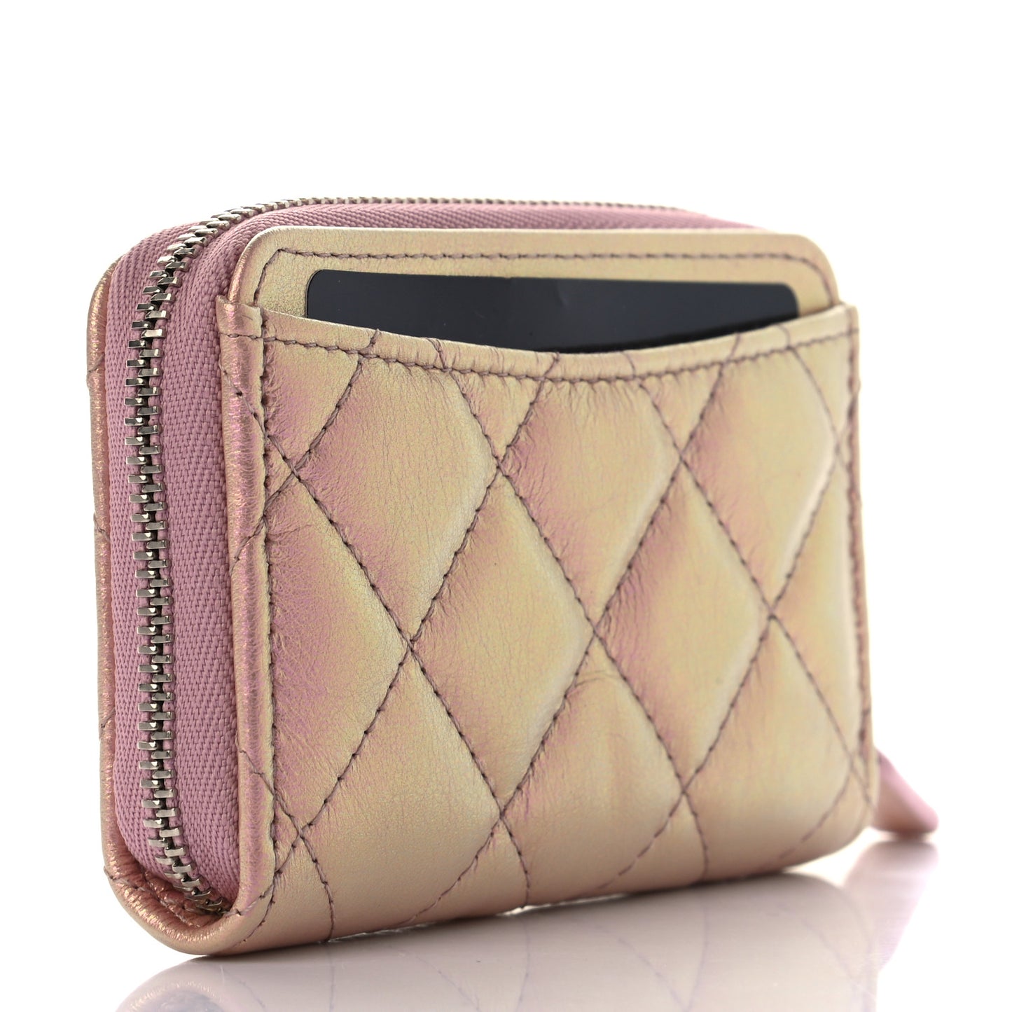 Iridescent Lambskin Quilted Zip Around Coin Purse Wallet Pink