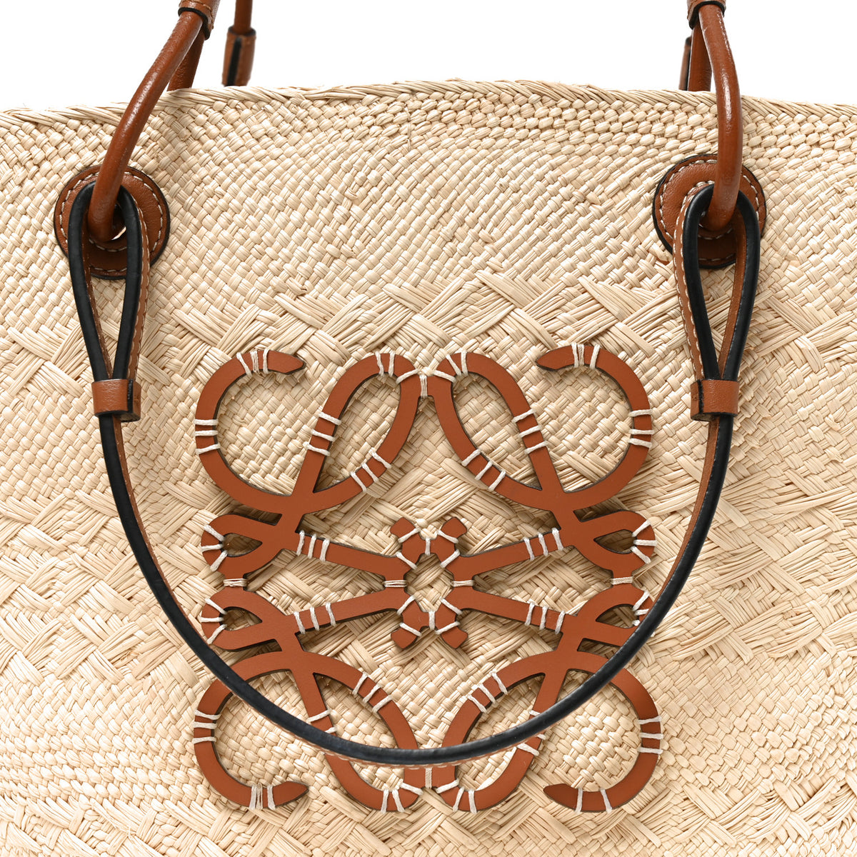 Loewe Calfskin Raffia Paulas Ibiza Medium Anagram Basket Tote Bag Natural Tan 7 of 9