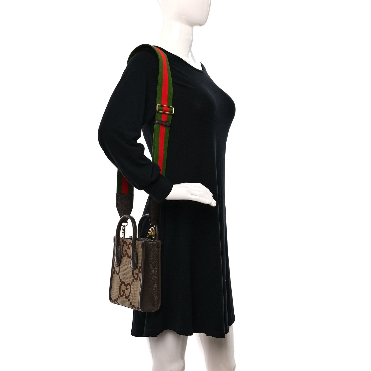 Gucci Monogram Jumbo GG Textured Dollar Calfskin Web Mini Vertical Tote Camel Ebony New Acero 2 of 10