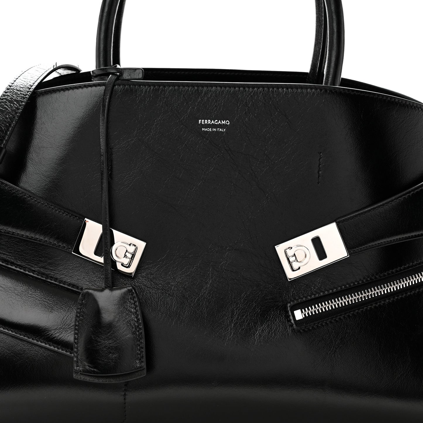 Shiny Calfskin Medium Hug Zip Pocket Shoulder Bag Black