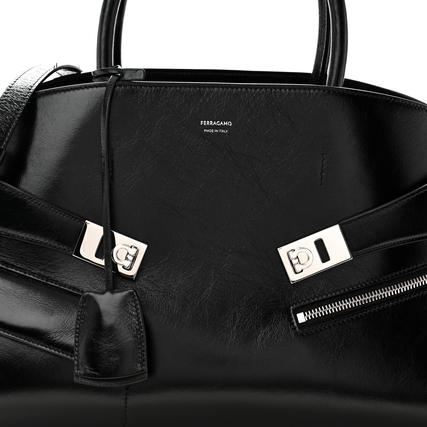 Salvatore Ferragamo Shiny Calfskin Medium Hug Zip Pocket Shoulder Bag Black 7 of 9