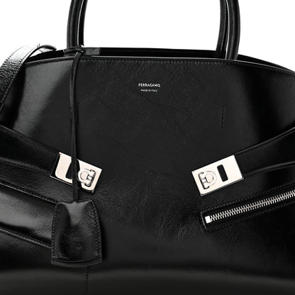 Salvatore Ferragamo Shiny Calfskin Medium Hug Zip Pocket Shoulder Bag Black 7 of 9