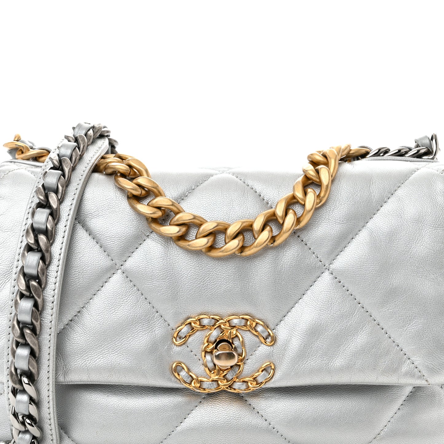 Metallic Goatskin Quilted Medium Chanel 19 Flap Silver