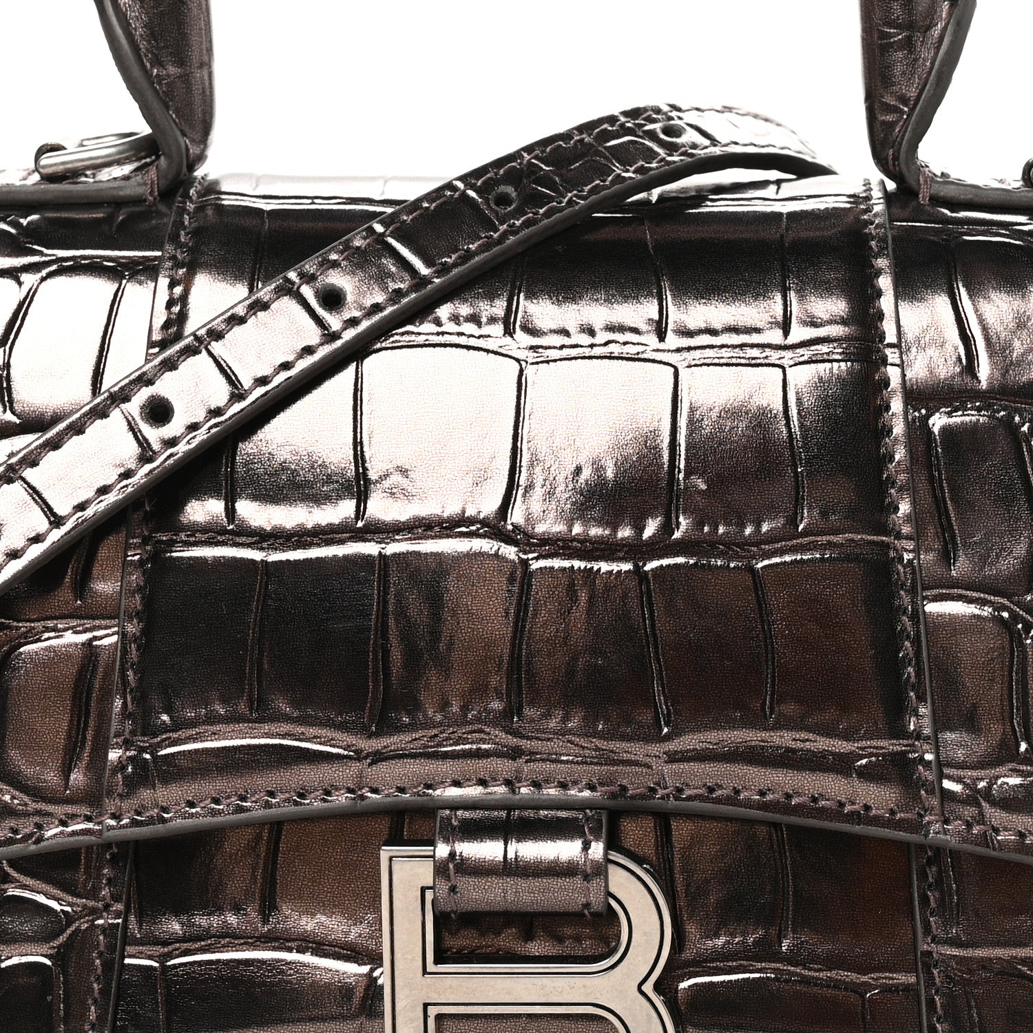 Balenciaga Metallic Shiny Calfskin Crocodile Embossed Hourglass Top Handle Bag XS Dark Bronze 10 of 12