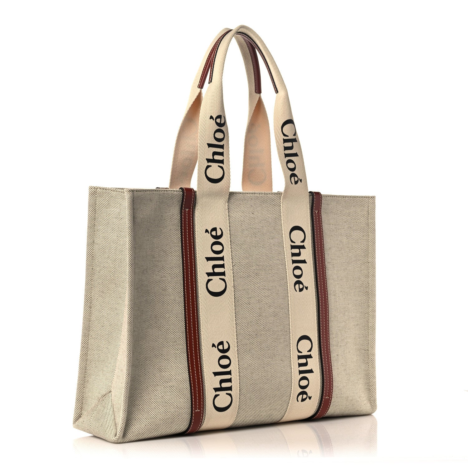 Chloe Cotton Calfskin Large Woody Ribbon Tote White Brown 2 of 9