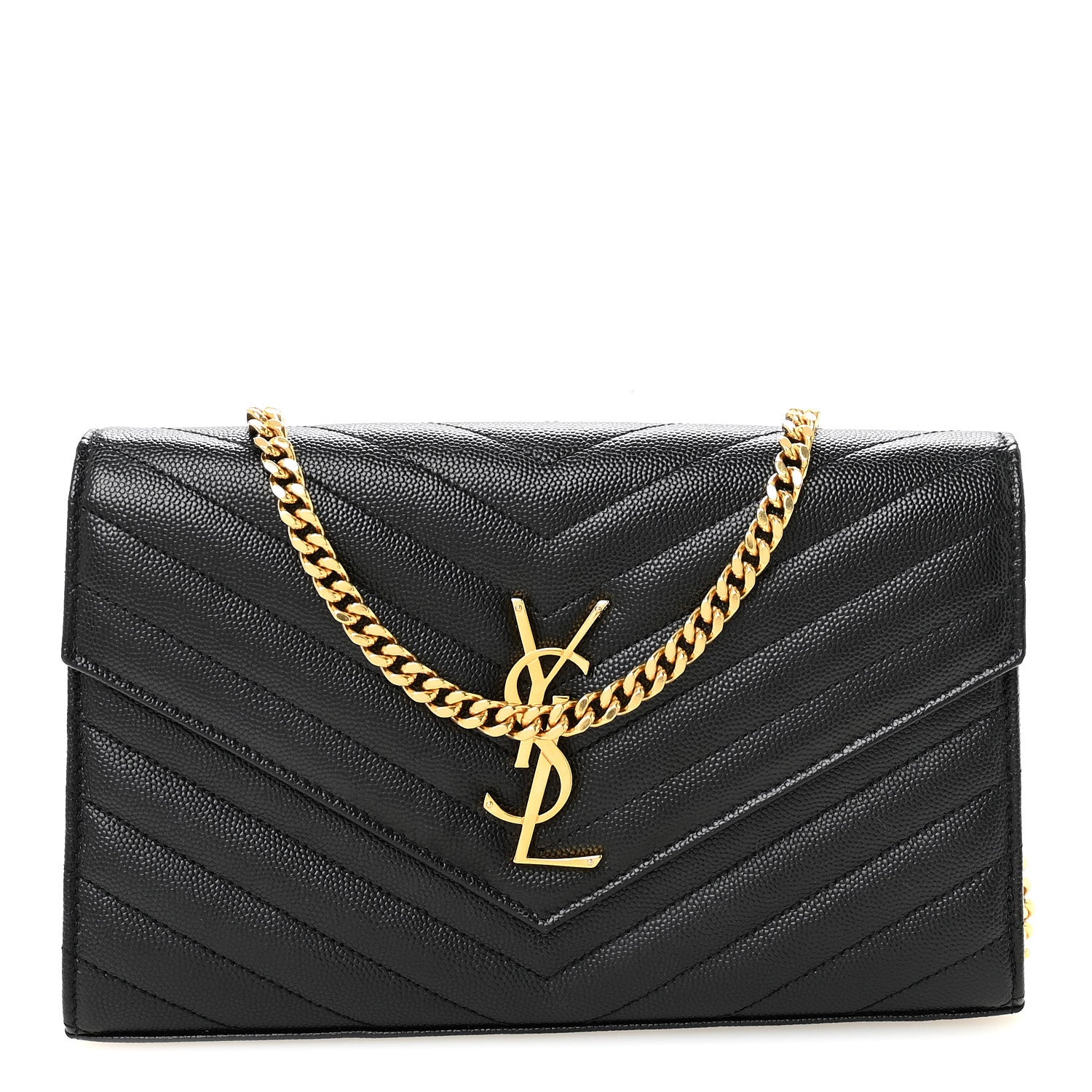 Saint Laurent Grain De Poudre Matelasse Chevron Monogram Chain Wallet Black 1 of 9