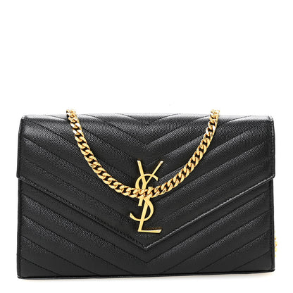 Saint Laurent Grain De Poudre Matelasse Chevron Monogram Chain Wallet Black 1 of 9