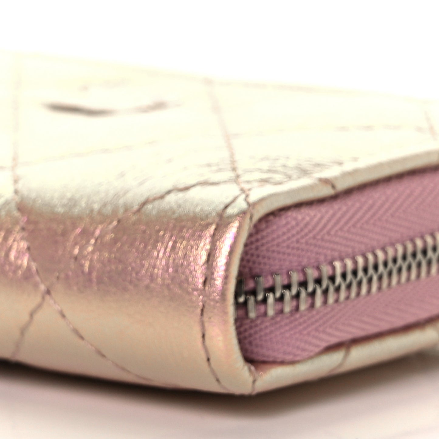 Iridescent Lambskin Quilted Zip Around Coin Purse Wallet Pink
