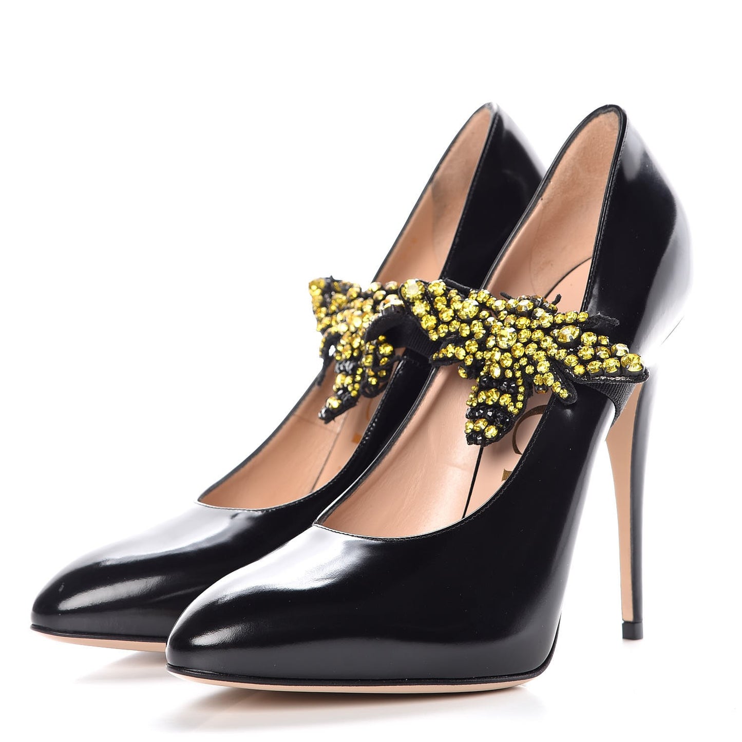 Polished Calfskin Removable Bee Elaisa Platform High Heel Pumps 39 Black
