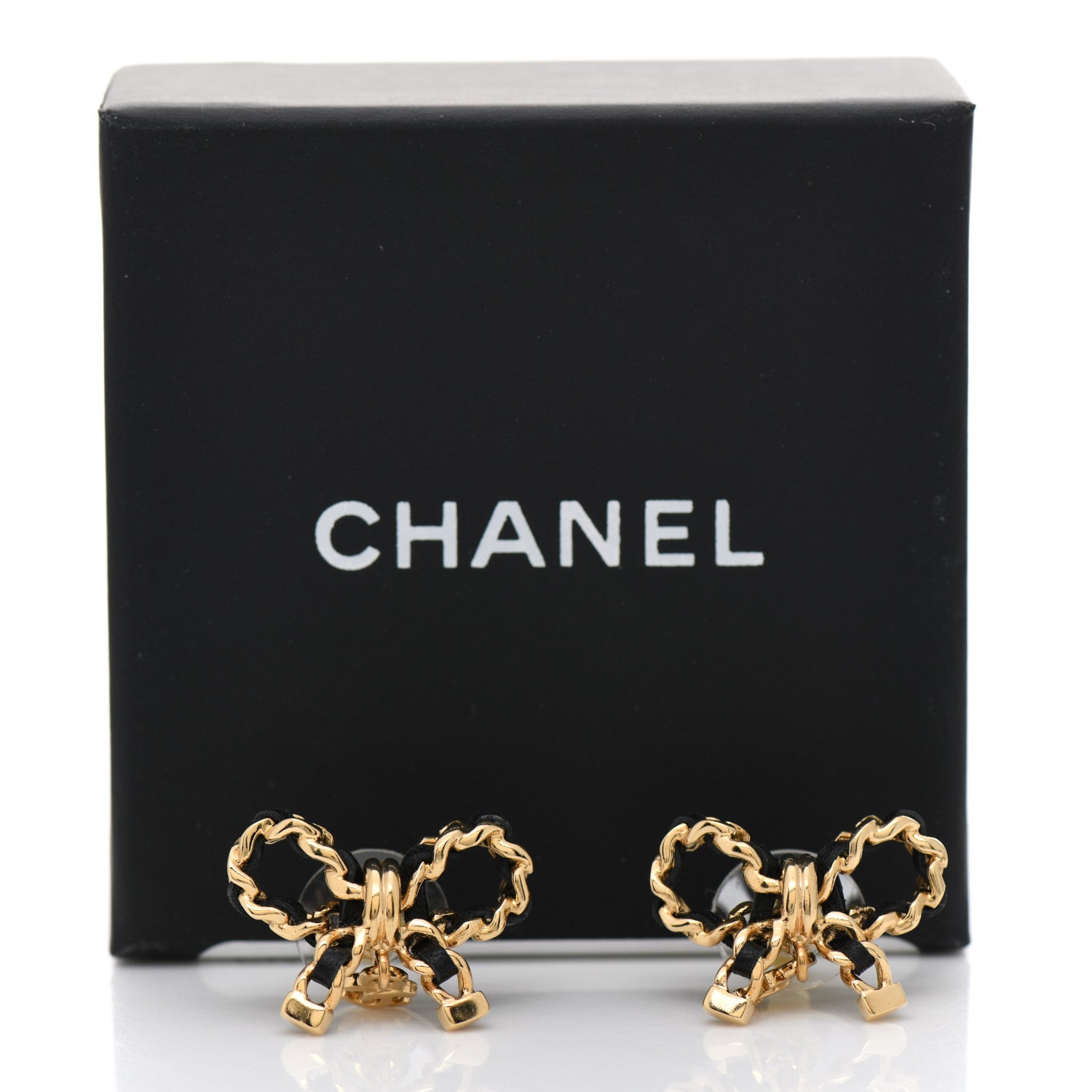 Chanel Lambskin Chain Bow Stud Earrings Black Gold 5 of 5