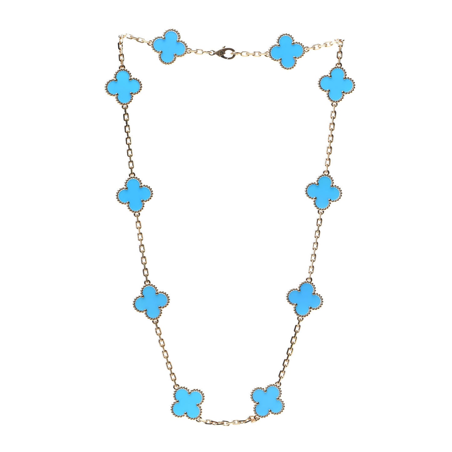 18K Yellow Gold Blue Agate 10 Motifs Vintage Alhambra Necklace