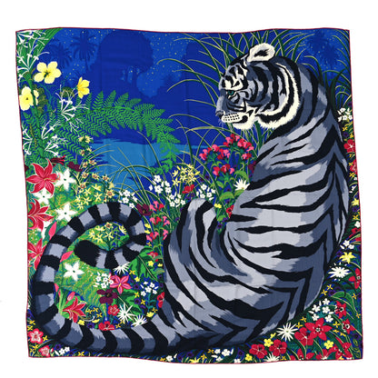 Hermes Cashmere Silk Tyger Tyger Shawl 140 Bleu Dur Vert Gris 1 of 3