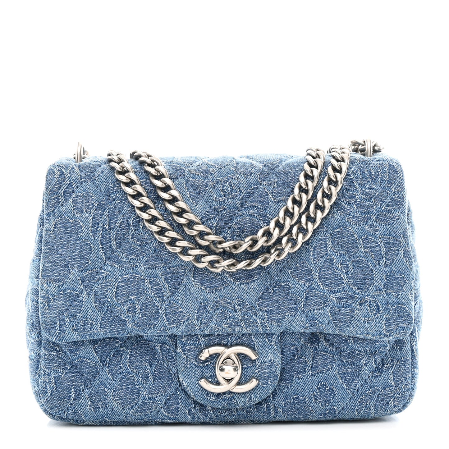 Denim Quilted Camellia Sweetheart Mini Flap Blue