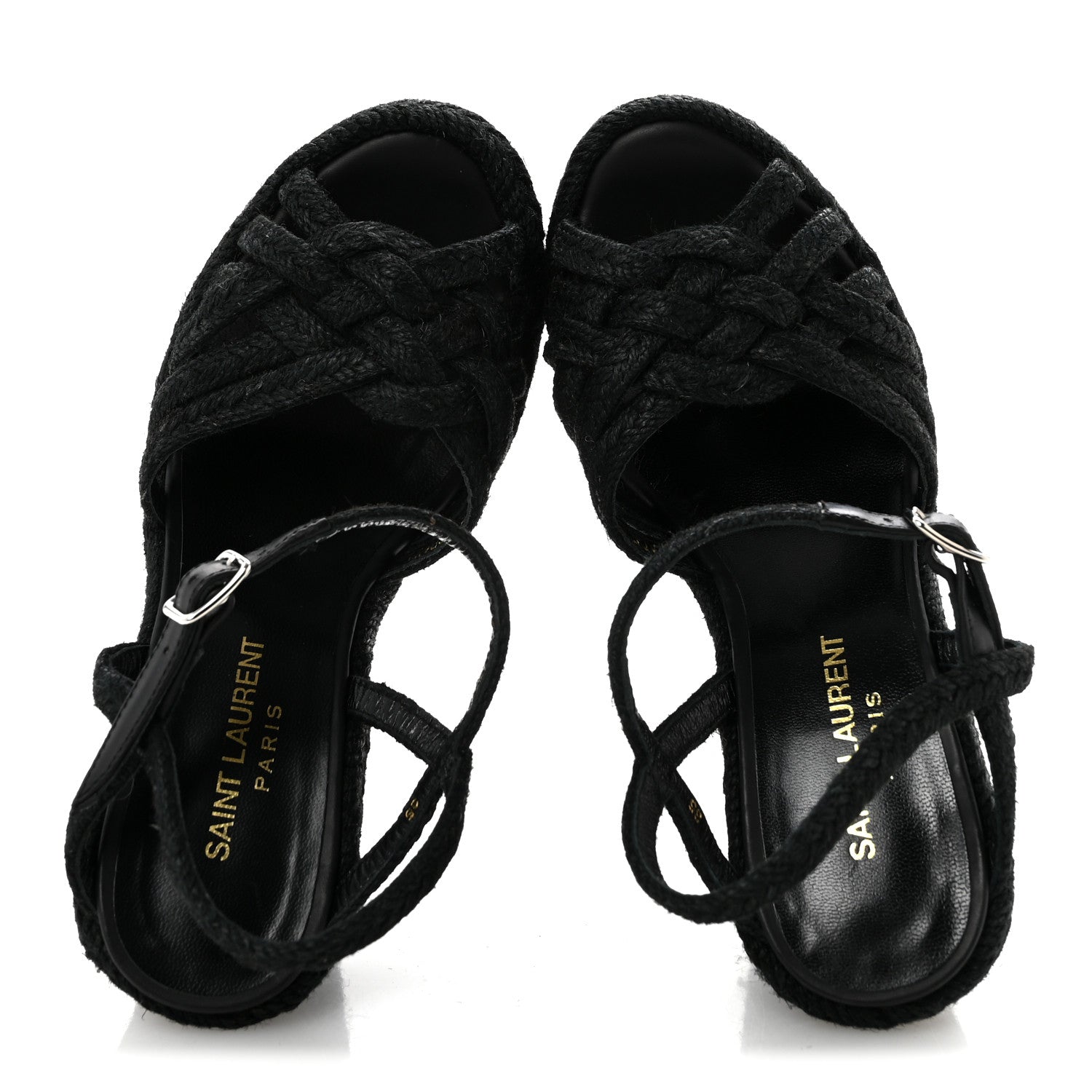 Saint Laurent Raffia Calfskin Platform Espadrille Wedge Sandals 35 Black 2 of 9