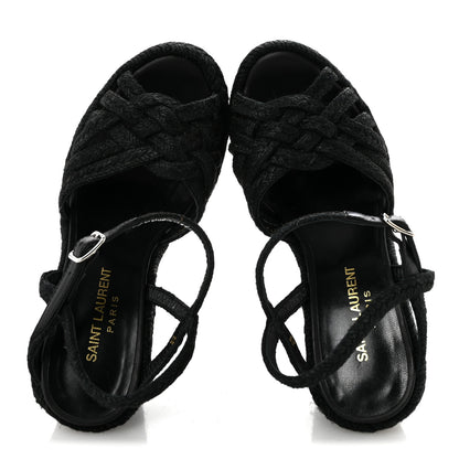 Saint Laurent Raffia Calfskin Platform Espadrille Wedge Sandals 35 Black 2 of 9