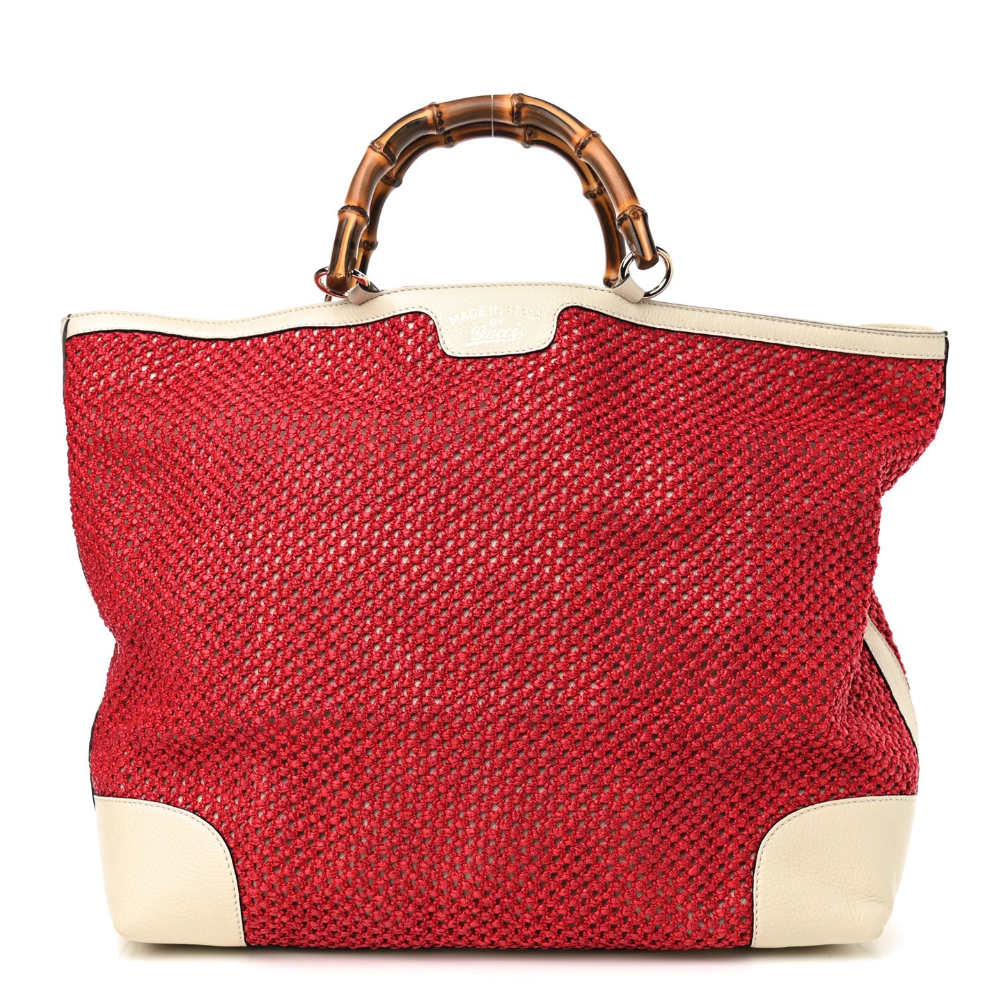 Straw Calfskin Bamboo Shopper Tote Raspberry