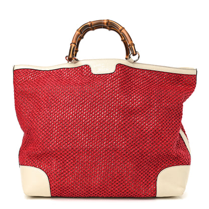 Gucci Straw Calfskin Bamboo Shopper Tote Raspberry 1 of 10