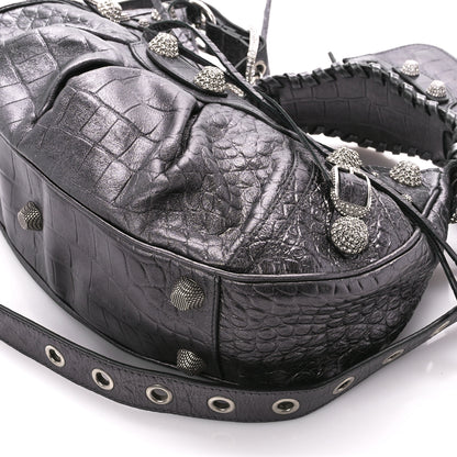 Balenciaga Metallic Calfskin Crocodile Embossed Crystal Small Le Cagole Shoulder Bag Gunmetal 14 of 14