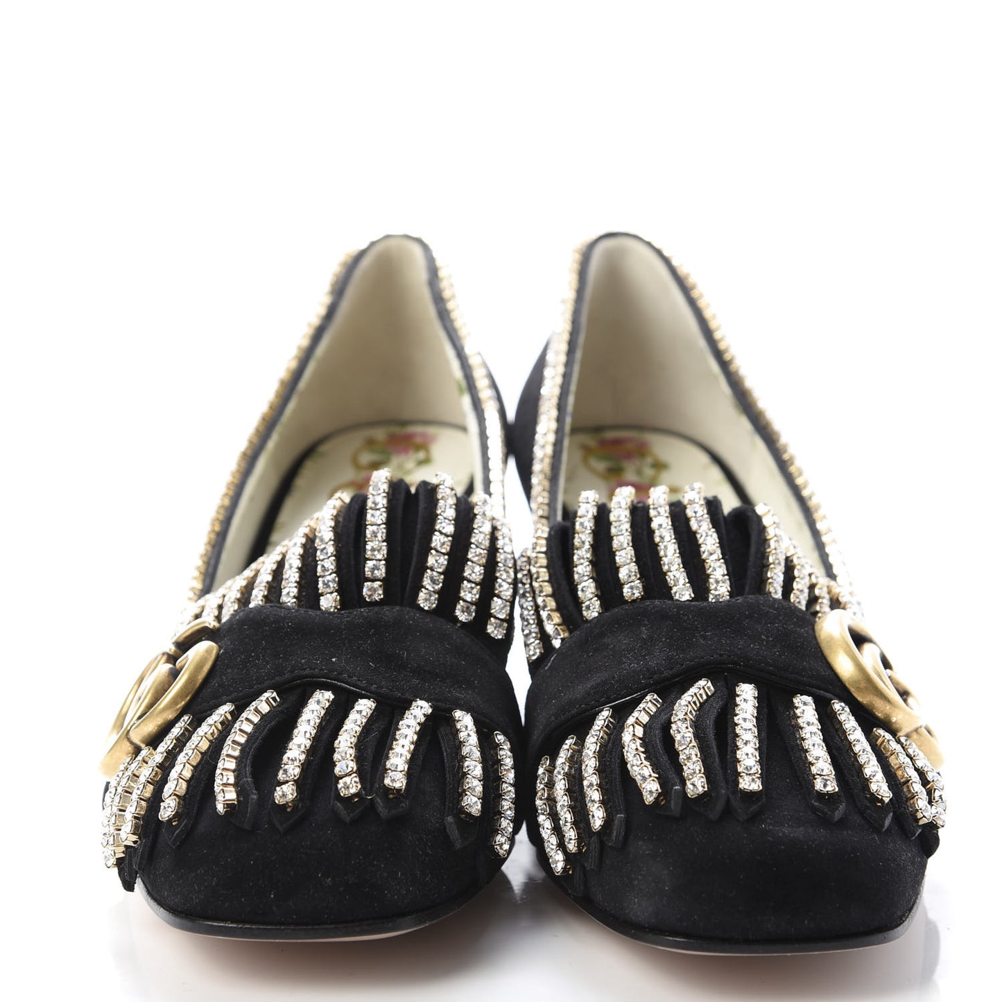 Kid Scamosciato Crystal GG Marmont Fringe 50mm Loafer Pumps 36 Black