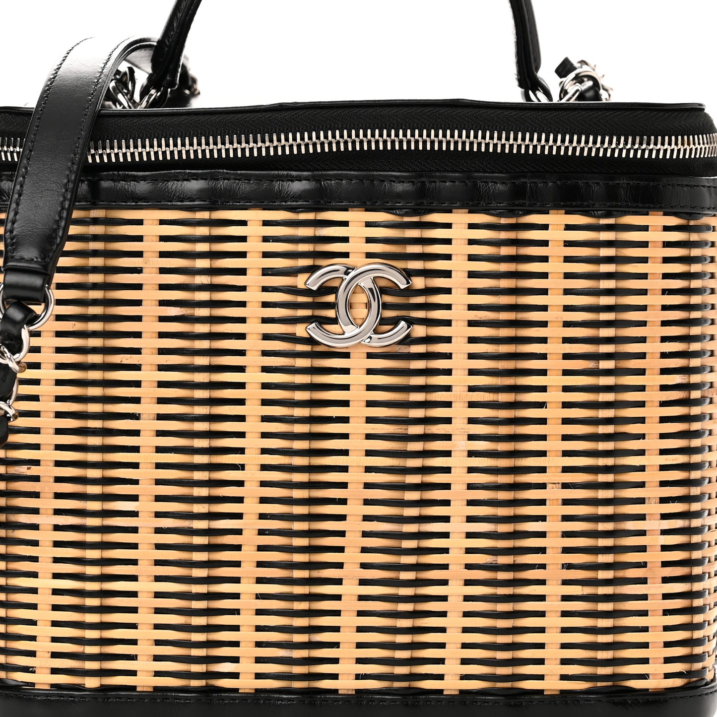 Glazed Calfskin Raffia Vanity Case Bag Black Beige